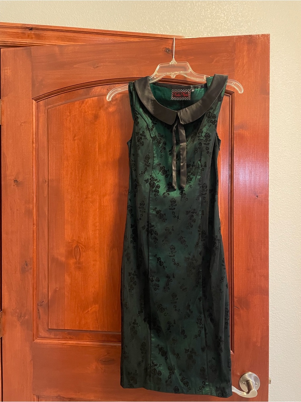Voodoo Vixen Dark Green Satin Dress with Black Collar